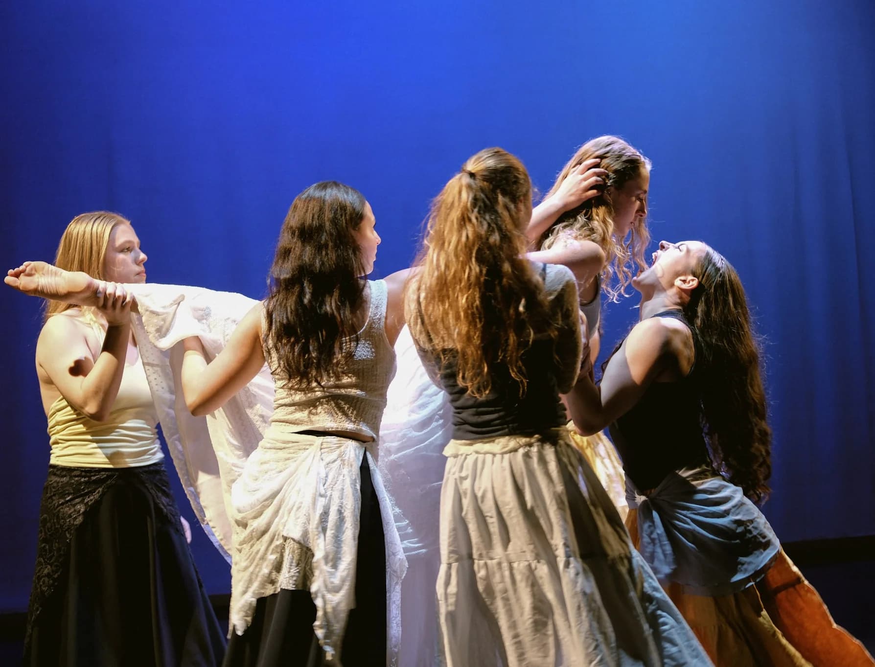 Eleven Stars ensemble moving beneath cobalt light